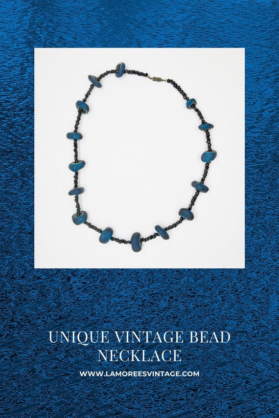 Unusual Blue and Black Long Vintage Bead Necklace