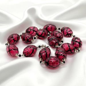 Vintage Clear Magenta and Black Striped Blown Glass Beads Necklace