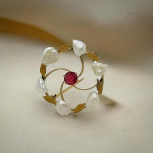 Antique Circle Brooch with Red Stone and Baroque Seed Pearls