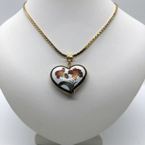 Avon Cloisonné Heart Vintage Floral Pendant and C… - image 2