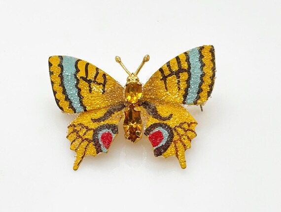 Broche Ancienne Papillon En Or Avec émaux Colorés - État Bon, Bijou Vintage