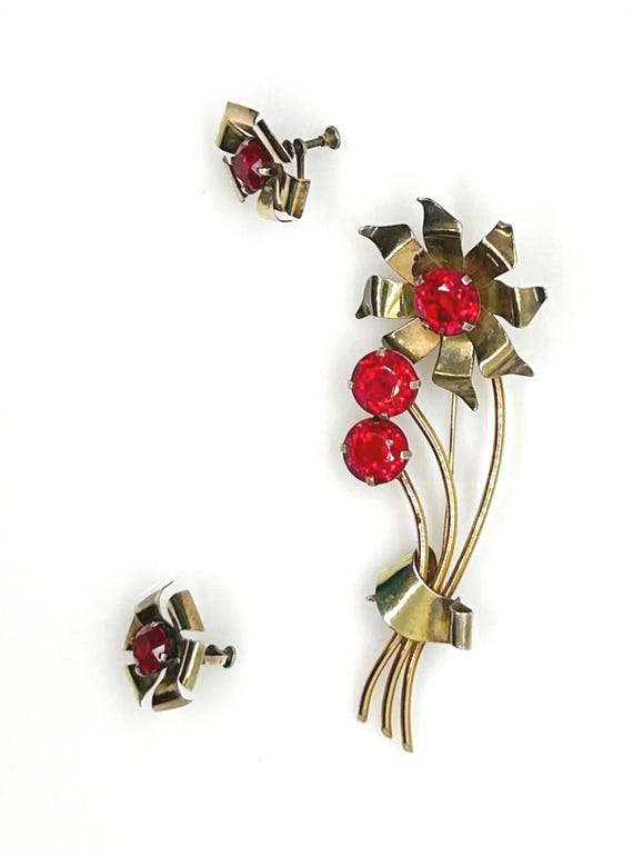 Sterling Silver & Bright Ruby Red Paste Vintage F… - image 2