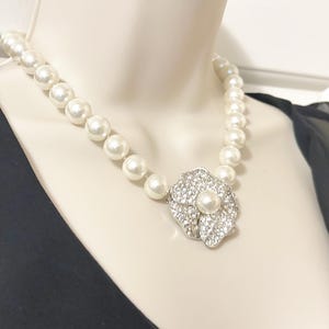 Kenneth Jay Lane Faux Pearl Necklace with Sparkling Flower Clasp in Original Box