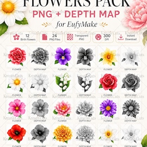 May include: A digital collection titled FLOWERS PACK PNG + DEPTH MAP for EufyMake, featuring 12 colorful birth flower illustrations alongside their corresponding grayscale depth maps, presented in a grid layout with 300 DPI resolution.
