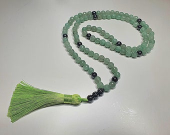 Mala Necklace 108 beads in Aventurine and Hematite. Hand made!