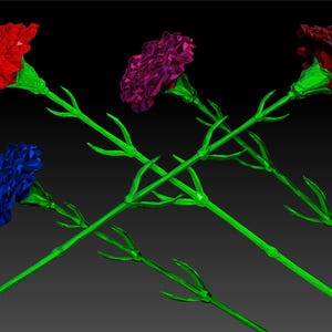 May include: Four carnations with green stems, one red, one blue, one purple, and one pink.