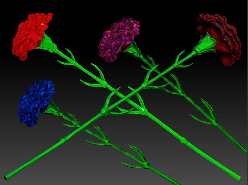 May include: Four carnations with green stems, one red, one blue, one purple, and one pink.