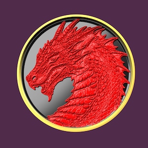 May include: A red dragon head with a gold rimmed circle around it. The dragon is in a 3D style and has a textured, scaly appearance.