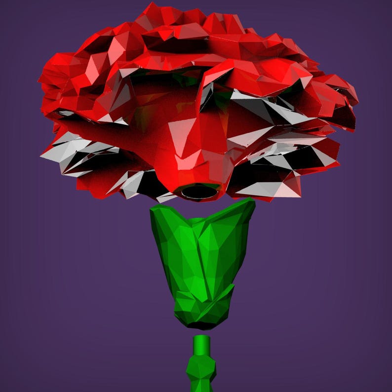 May include: A red carnation flower with a green stem and leaves, rendered in a low-poly style.