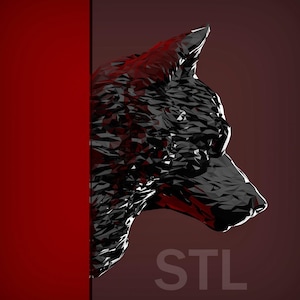 Puede incluir: Una escultura de cabeza de lobo de baja poli, renderizada en un estilo 3D. La cabeza del lobo está parcialmente oculta por un fondo rojo. El texto "STL" es visible en la esquina inferior derecha de la imagen.