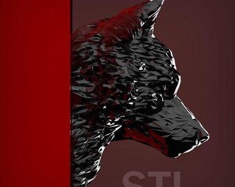 May include: A low-poly, black and red wolf head sculpture, rendered in a 3D style. The wolf's head is partially obscured by a red background. The text "STL" is visible in the lower right corner of the image.
