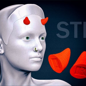 May include: A 3D printed model of a person's head with red horns and a nose ring. The model is printed in white plastic and is shown against a dark background. The word "STL" is printed in white on the background.