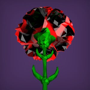 May include: A red and black geometric flower with a green stem and leaves. The flower is made up of many triangles and has a 3D effect.