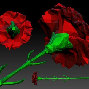 May include: A red carnation flower with green leaves in a low-poly style. The flower is shown in three different views.