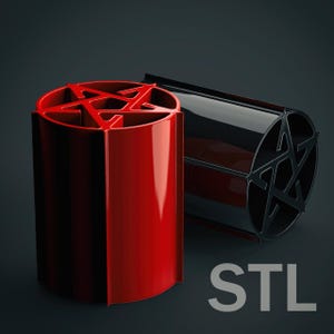May include: Two cylindrical containers in red and black with a star-shaped cutout design. The containers are made of a glossy material and have a modern, geometric look. The text "STL" is printed in grey on a black background.