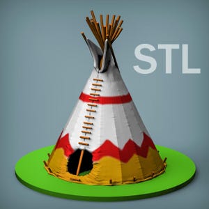 Może przedstawiać: Trójwymiarowy model tipi indiańskiego z czerwono-białym paskowanym wzorem, żółtą podstawą i brązową drewnianą ramą. Tipi stoi na zielonym, okrągłym cokole. STL.