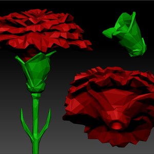 May include: A red carnation flower with green leaves and a green stem. The flower is made of polygons and has a 3D effect.