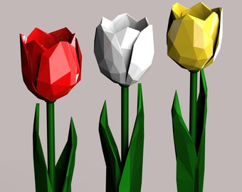 May include: Three origami tulips in red, white, and yellow. The tulips are made of paper and have a geometric design.