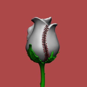 May include: A sculptural rose bud featuring a white, smooth, rounded surface with a vertical seam of red baseball-style stitching running down the center. The base of the flower has bright green sepals and a green stem against a solid red background.