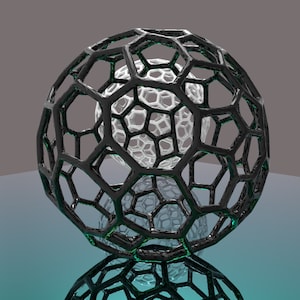 Peut inclure: Une sphère géométrique noire et blanche avec un design de structure filaire. La sphère est composée de formes hexagonales interconnectées.