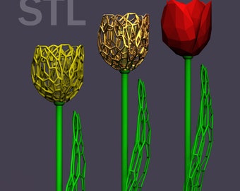 May include: Three stylized tulip sculptures. One is yellow, constructed with a honeycomb design. The second is gold, also with a honeycomb design. The third is red and geometric. All have green stems and leaves. The word "STL" is in the upper left.