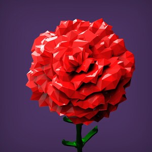 May include: A red origami rose with a green stem and leaves. The rose is made of many small triangles that create a 3D effect.