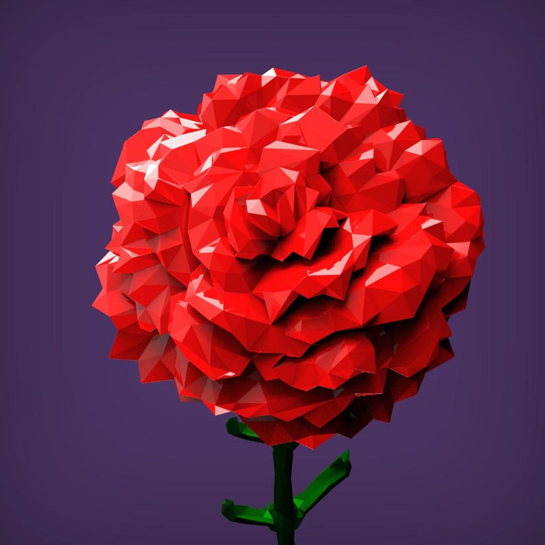 May include: A red origami rose with a green stem and leaves. The rose is made of many small triangles that create a 3D effect.