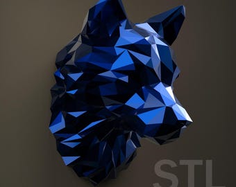 May include: A blue, geometric wolf head sculpture made of a 3D printed material. The sculpture is made up of many triangles and has a shiny, metallic finish. The word "STL" is printed in white on the bottom right corner of the image.