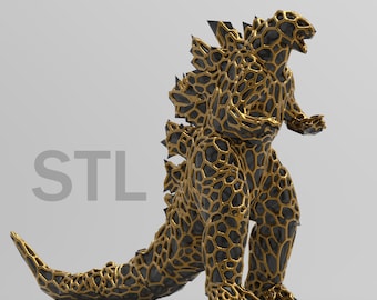 May include: A gold and black 3D printed model of Godzilla, a fictional monster, with a textured, scaly surface.