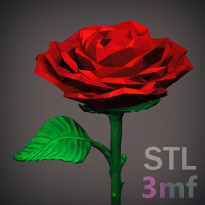 May include: A red rose with green leaves, rendered in a low-poly style. The rose is a 3D model, available in STL and 3MF formats.