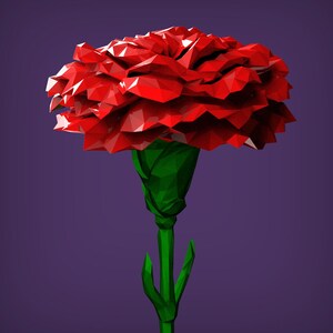 May include: A red carnation with a green stem and leaves, rendered in a low-poly style.