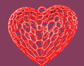 May include: A red heart-shaped ornament with a delicate, intricate, openwork design. The ornament is made of a shiny, glossy material and has a small loop at the top for hanging.