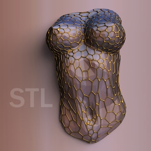 May include: A gold-coloured, geometric, abstract sculpture of a torso. The sculpture is made of a series of interconnected hexagonal shapes.