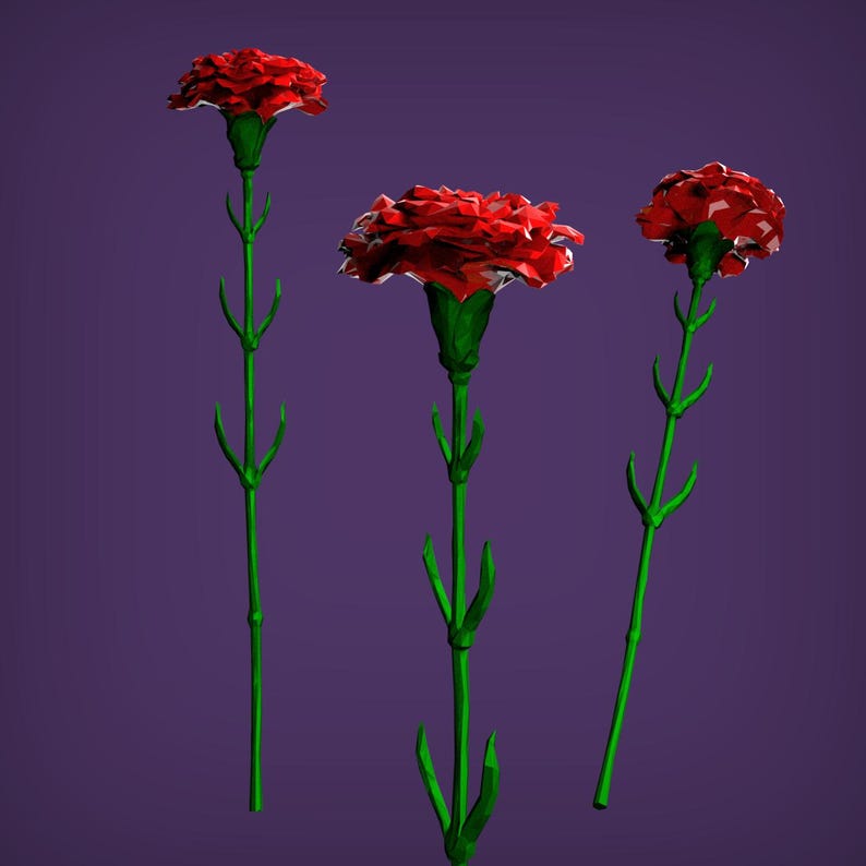 May include: Three red carnations with green stems against a purple background.