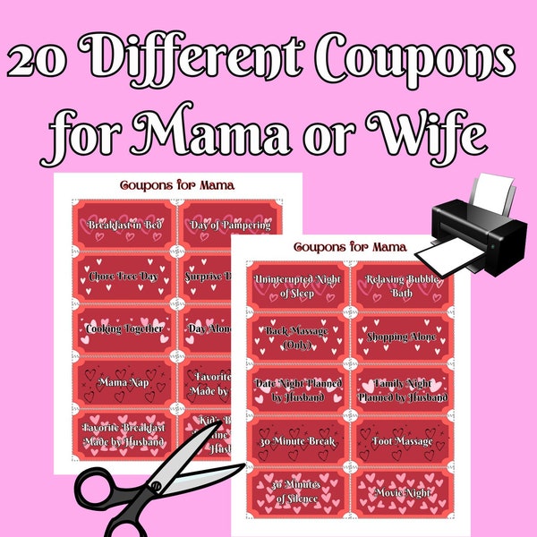 20 Different Printable Coupons for Mom, Funny Gift for Mama from Kids, Last Minute Anniversary Gift for Wife, Mothers Day Ticket Book Ideas