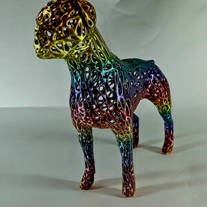 May include: A rainbow-colored, 3D printed dog sculpture with a wireframe design. The sculpture is made of a translucent material and has a metallic finish.
