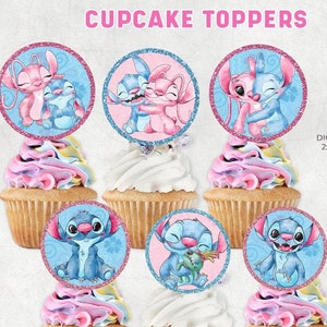 Download immediato di topper per cupcake Stitch & Angel - Festa di compleanno - FILE DIGITALE