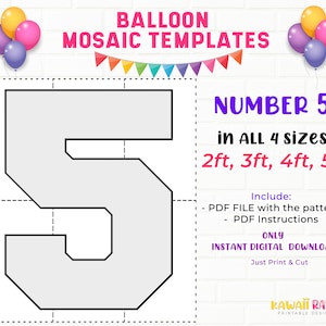 SQUARE Number 5, Balloon Mosaic Template, Five Mosaic Number Template, Mosaic Numbers from Balloons, 2ft, 3ft, 4ft, 5ft, Digital Download