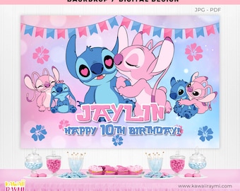 Stitch & Angel custom Backdrop - Birthday Backdrop - cute alien Banner - DIGITAL FILE-jpg