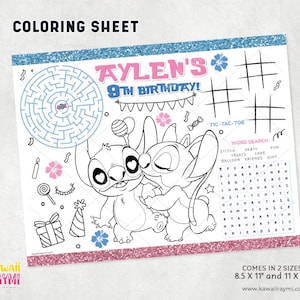Stitch & Angel - Foglio da colorare con un simpatico alieno, foglio da colorare con attività per feste, file digitale con un angelo e un alieno.