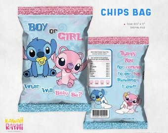 Baby Stitch & Angel - Chips bag-Gender Reveal -Instant Download - DIGITAL FILE
