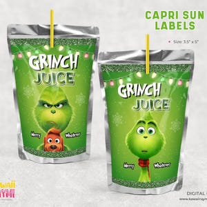 May include: Two Capri Sun labels with a Grinch theme. The labels are green with the words "Grinch Juice" and feature the Grinch character. The labels also include the text "Merry Whatever". Each label is 3.5" x 5" in size.