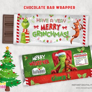 May include: Chocolate bar wrappers featuring Grinch designs. One wrapper reads "Have a Very Merry Grinchmas!" with the Grinch and Max. The other says "Merry Whatever" with the Grinch and Max. A Christmas tree is also shown.