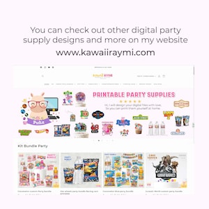 May include: A website screenshot showing printable party supplies for children's birthday parties. The website features a variety of themes, including Cocomelon, Hot Wheels, Jurassic World, and more. The website also includes a section for kit bundles, which include a variety of printable party supplies.