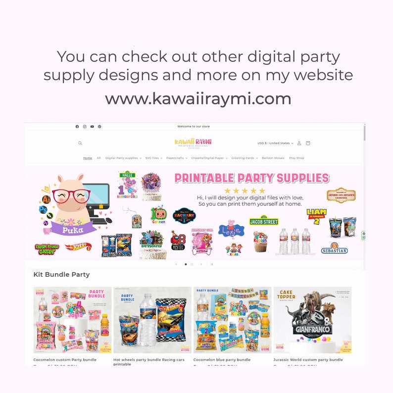 May include: A website screenshot showing printable party supplies for children's birthday parties. The website features a variety of themes, including Cocomelon, Hot Wheels, Jurassic World, and more. The website also includes a section for kit bundles, which include a variety of printable party supplies.