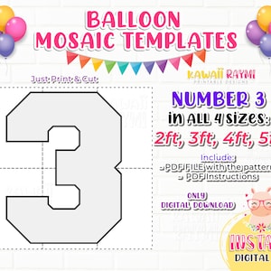 SQUARE Number 3, Balloon Mosaic Template, three Mosaic Number Template, Mosaic Numbers from Balloons, 2ft, 3ft, 4ft, 5ft, Digital Download