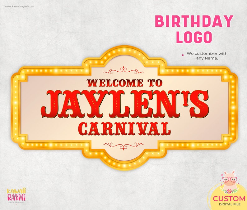 K&ouml;nnte beinhalten: Eine digitale Datei f&uuml;r ein Geburtstags-Logo. Das Logo ist ein Schild im Karnevalstil mit gelbem Rand und Gl&uuml;hbirnen. Das Schild lautet "Willkommen zum Karneval von Jaylen".