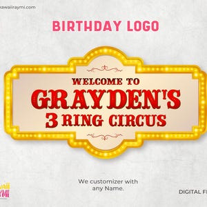 K&ouml;nnte beinhalten: Ein gelbes und wei&szlig;es Zirkus Schild mit dem Text "Willkommen im Zirkus von Grayden's 3 Ringe". Das Schild hat einen Vintage-Look mit Gl&uuml;hbirnen um den Rand.