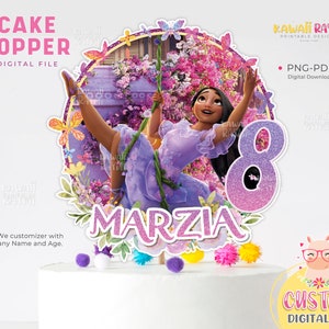 May include: Purple and pink cake topper featuring a cartoon girl with long black hair swinging on a vine. The topper also includes a glittery purple number 8 and the name "MARZIA" in pink letters.