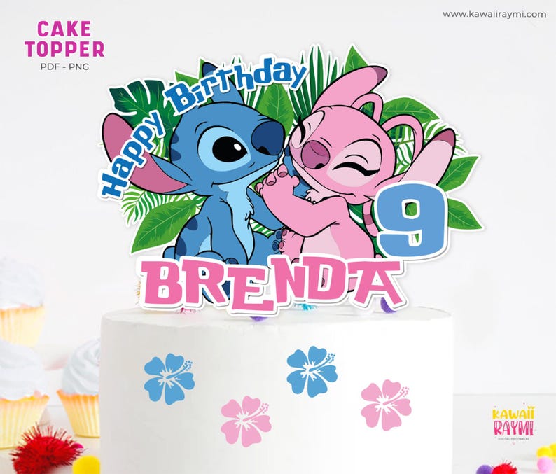 May include: Blue and pink Stitch and Angel cake topper with the text "Happy Birthday" and the number "9". The topper also includes the name "Brenda" in pink letters.